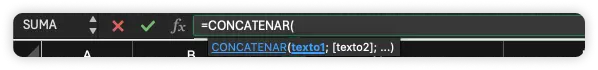 Imagen de Excel que enseña la fórmula CONCATENAR
