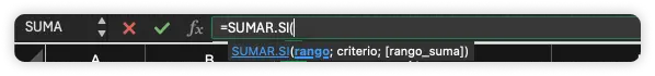 Imagen de Excel que enseña la fórmula SUMAR.SI